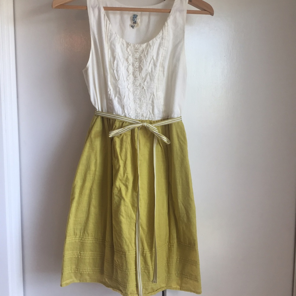 Anthropologie White and Chartreuse Sleeveless Cotton Dress